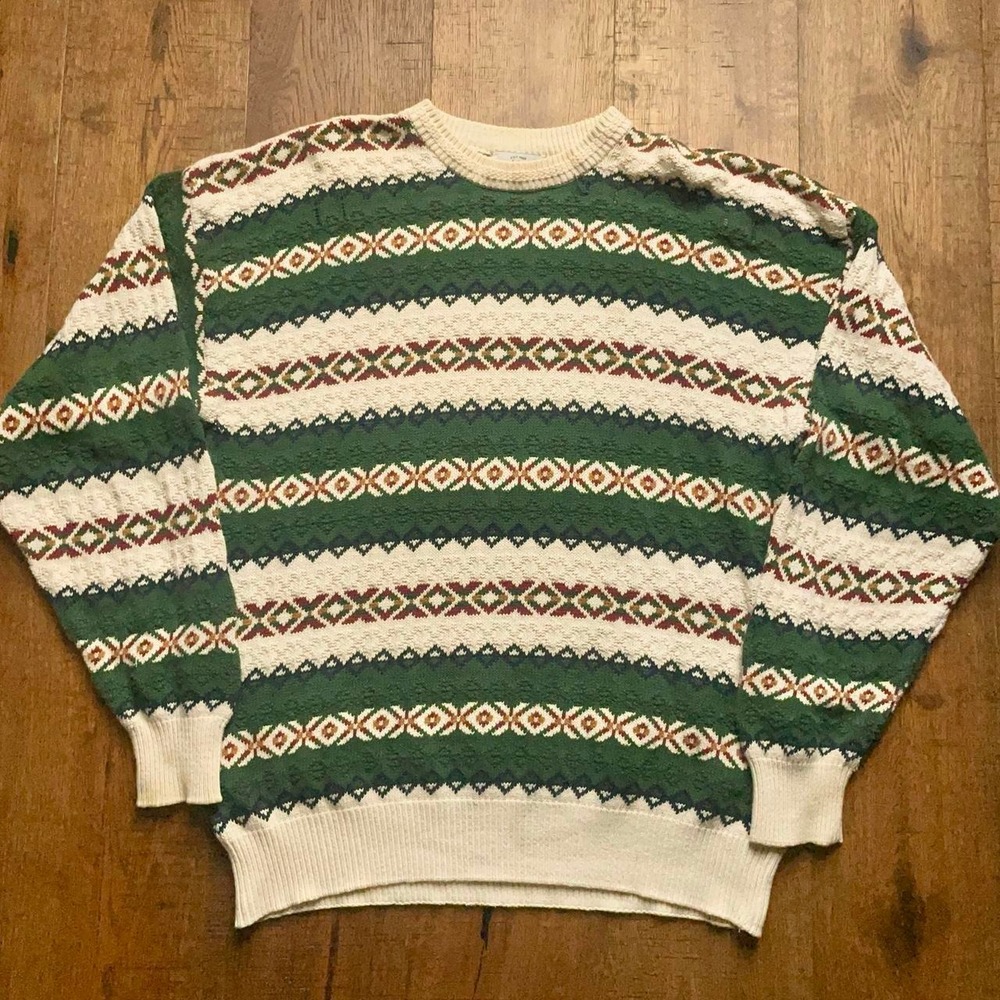Van Heusen Sweater Mens XL Green Cottage Nordic Striped Cotton Knit 417 Vintage